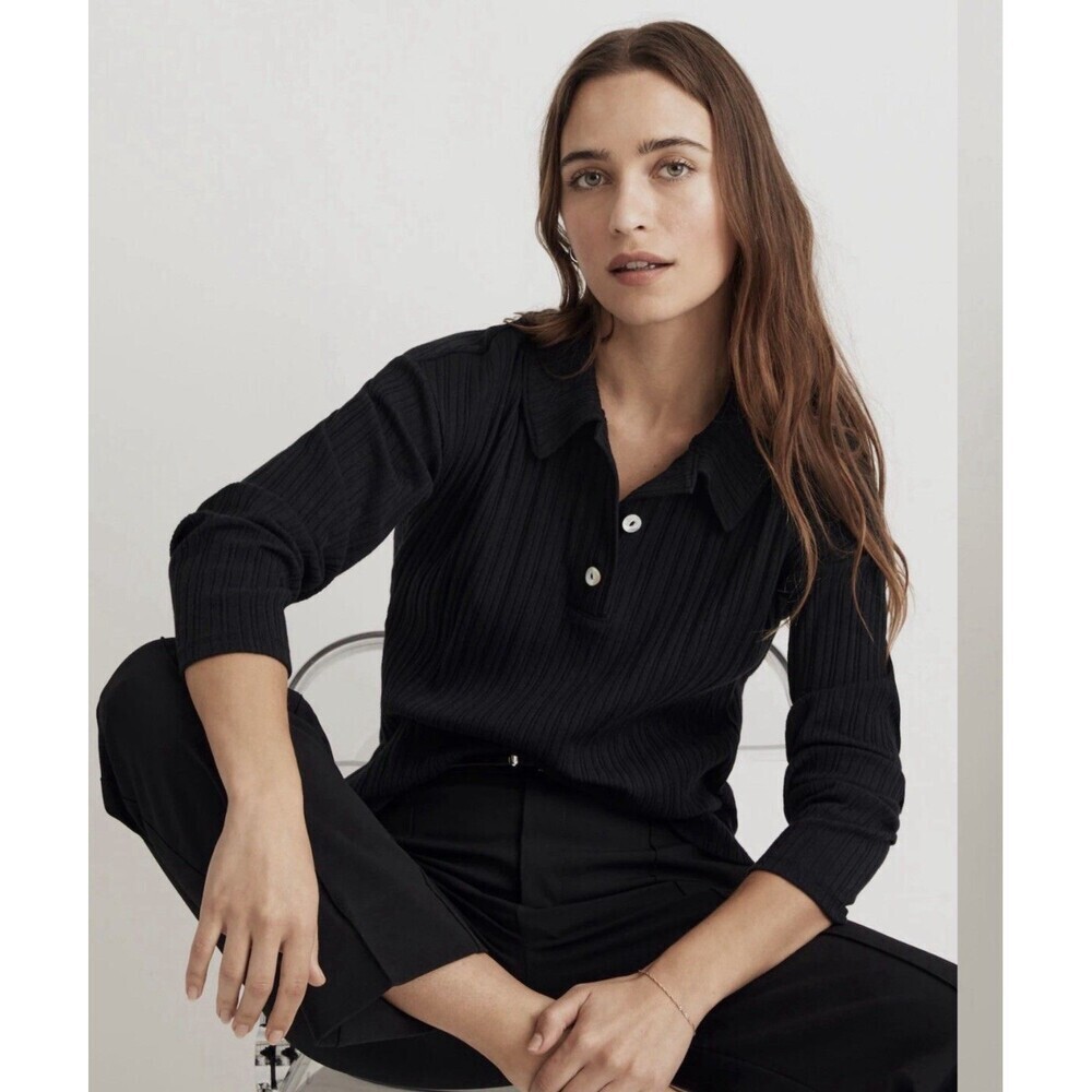 Madewell Womens S Black Variegated Rib Boxy Polo Shirt Long Sleeve Ribbed
